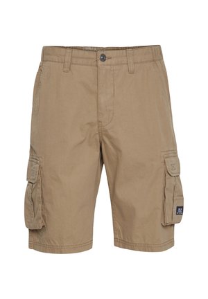 Khaki cargo shorts made of cotton, featuring two side pockets, two large cargo pockets, a button closure, and belt loops.