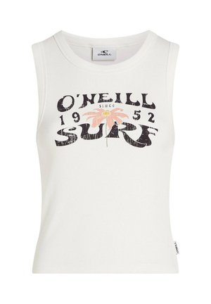 Balts bezroku korsetes tops no ribotas auduma, ar nolietotu melnu grafiku ar uzrakstu "O'Neill 1952" un rozā zieda dizainu.