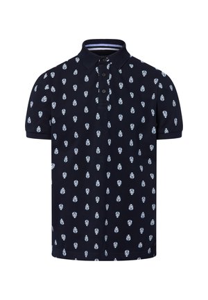 Marineblaues Poloshirt mit Kragen, versehen mit einem wiederholten weißen Ananas-Muster und kurzen Ärmeln, aus einer weichen Baumwollmischung gefertigt.