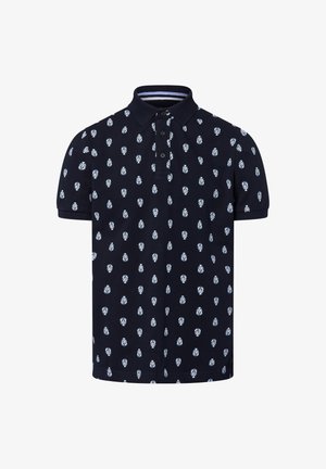 Marine blauwe polo met een kraag, voorzien van een herhaaldelijk wit ananaspatroon en korte mouwen, gemaakt van een zachte katoenmix.