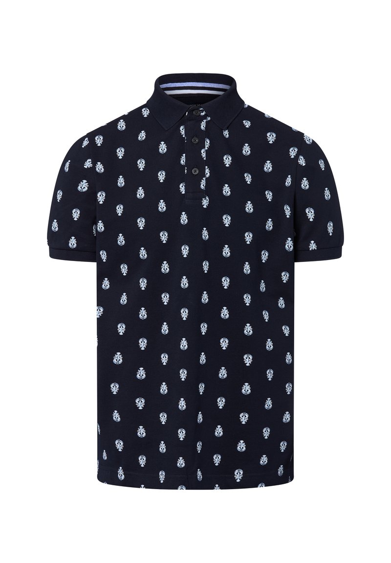 Marineblaues Poloshirt mit Kragen, versehen mit einem wiederholten weißen Ananas-Muster und kurzen Ärmeln, aus einer weichen Baumwollmischung gefertigt.