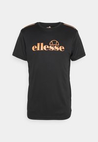 Black short-sleeve sports t-shirt with orange "ellesse" logo and semi-circle design on chest, featuring matching orange stripes on shoulders.