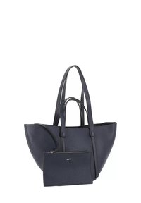 Borsa tote in pelle martellata blu navy con due manici e una pochette zip removibile abbinata etichettata "abro".
