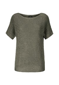 Olivgrüner Strickpullover mit kurzen Ärmeln, der ein strukturiertes, geripptes Muster, einen runden Ausschnitt und einen geraden Saum bietet. Leichtes Material.