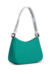 Τσάντα χειρός από πετρόλ ύφασμα με κυρτό σχήμα, με λευκό λουράκι που φέρει την ένδειξη "tommyjeans" και ασημί εξαρτήματα για το φερμουάρ.