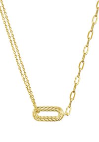 Guldmetallhalsband med ett lagerdesign, som har en texturerad central oval länk och förlängda kedjelänkar.