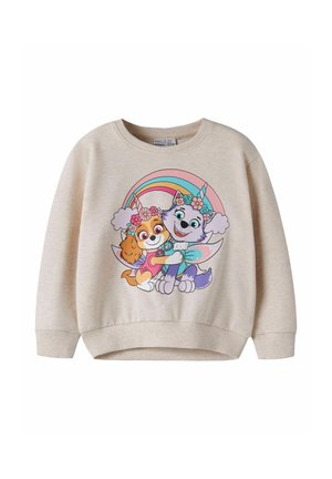 Sweat-shirt beige pour enfants avec un imprimé coloré de deux chiens dessinés portant des cornes de licorne et des couronnes de fleurs, s'enlaçant sous un arc-en-ciel.
