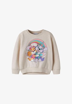 Sweat-shirt beige pour enfants avec un imprimé coloré de deux chiens dessinés portant des cornes de licorne et des couronnes de fleurs, s'enlaçant sous un arc-en-ciel.