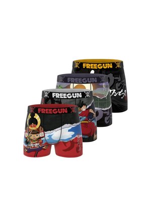 Quatre paires de boxers colorés avec des personnages de style anime et des ceintures marquées "FREEGUN" de différentes couleurs et designs.