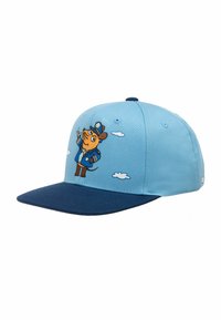 Light blue cap with a dark blue brim featuring an embroidered cartoon character in police attire, surrounded by small white clouds.