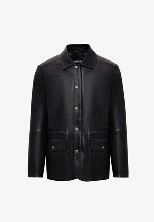 Black leather jacket with a button closure, two front pockets, and a classic collar. Smooth texture and tailored fit.