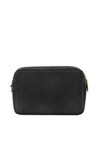Czarna skórzana saszetka o teksturowym wykończeniu, prostokątnym kształcie, z zamkiem błyskawicznym na górze i złotymi akcentami. Prosty i funkcjonalny design.