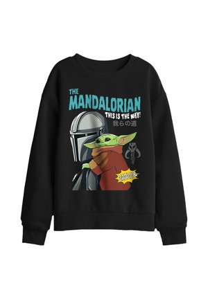 Schwarzer Sweatshirt mit dem Mandalorian-Helm und Baby Yoda, die sich umarmen, mit dem Text „The Mandalorian“, „This is the way“ und japanischen Schriftzeichen.