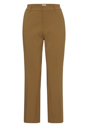 Pantalons marron tailleur avec une texture lisse, coupe droite, passants de ceinture et une fermeture éclair frontale dissimulée. Pas de poches visibles.