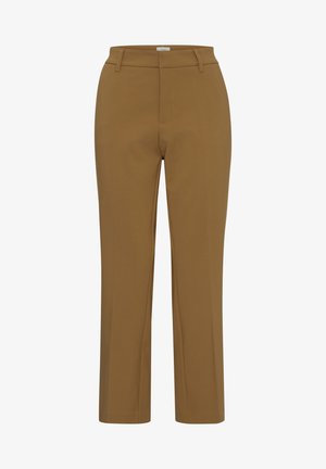Pantalons marron tailleur avec une texture lisse, coupe droite, passants de ceinture et une fermeture éclair frontale dissimulée. Pas de poches visibles.