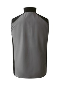 Sleeveless vest in grey with black accents. Features a high collar and smooth fabric texture. Simple, functional design without embellishments.