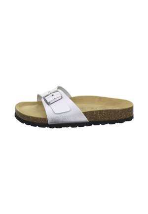 White leather slide sandal with single adjustable buckle strap, cork footbed, and black textured rubber outsole.