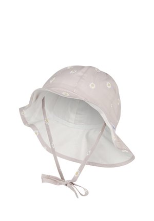 Light beige sun hat with white daisy patterns, wide brim, and chin straps tied in a bow.