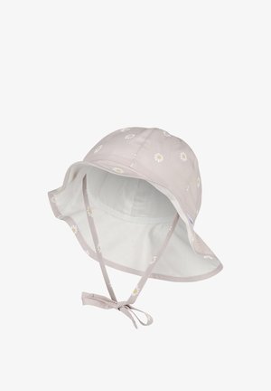 Light beige sun hat with white daisy patterns, wide brim, and chin straps tied in a bow.