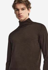 Brun polotröja gjord av mjukt tyg, med långa ärmar och en figurnära design. Slät textur med en minimalistisk stil.