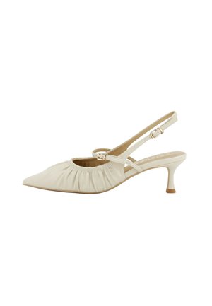 Décolleté slingback da donna crema con punta appuntita, tomaia arricciata, due cinturini regolabili con fibbia e tacco medio sottile.