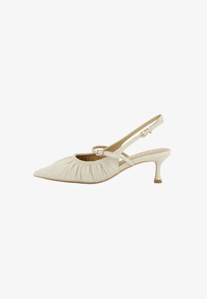 Décolleté slingback da donna crema con punta appuntita, tomaia arricciata, due cinturini regolabili con fibbia e tacco medio sottile.