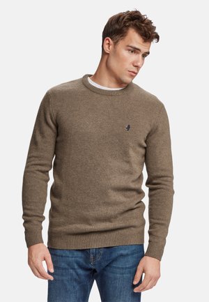 Brown knit sweater with a crew neckline, ribbed cuffs, and hem. Features a small navy logo on the left chest. Worn over a white shirt.