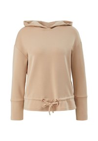 Sweat à capuche beige en tissu doux, doté d'une taille à cordon de serrage, de manches longues et d'une capuche spacieuse avec une coupe décontractée.