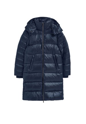 Navy blue puffer coat with a shiny, quilted texture, full front zipper, two side pockets, and an adjustable hood. Long sleeves with cuffs.