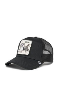 Gorra negra con malla en la parte posterior, que presenta un parche cuadrado con un diseño bordado de un perro y la palabra "BESTIE" arriba de la imagen.