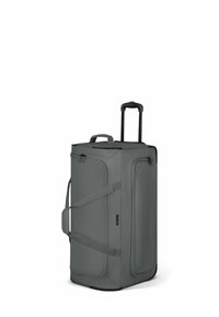Grau farbige rollbare Duffeltasche mit zwei Seitengriffen, Reißverschlussverschluss und einem ausziehbaren Griff. Glattes, strukturiertes Material, rechteckige Form.