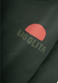 Zelená mikina s výraznou červenou polokruhovou grafikou nad nápisem "BIG OLITA" v tlumené zelené barvě. Měkká textura, neformální design.