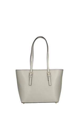 Borsa a tracolla grigia in pelle con due manici, forma rettangolare, texture liscia e dettagli in metallo dorato.