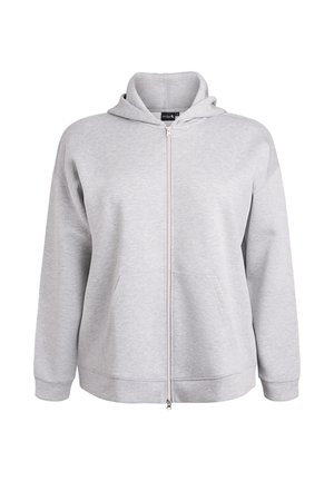 Grijze hoodie met rits gemaakt van zachte stof, voorzien van een capuchon, twee steekzakken aan de voorkant en geribbelde boorden aan mouwen en zoom. Gladde textuur met een minimalistisch ontwerp.