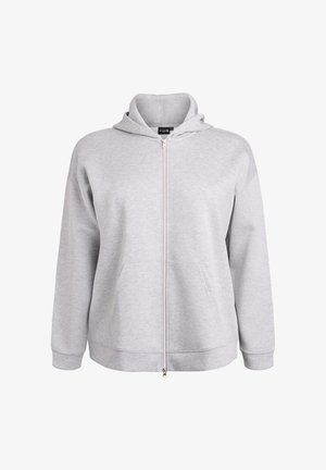 Felpa con zip grigia in tessuto morbido, con cappuccio, due tasche frontali e polsini e orlo a coste. Texture liscia con design minimalista.