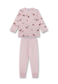 Roze katoenen pyjamapak met een lange mouwen top met bruine en roze paardenprints en bijpassende elastische taillebroek met gerimpelde boorden.