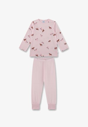 Roze katoenen pyjamapak met een lange mouwen top met bruine en roze paardenprints en bijpassende elastische taillebroek met gerimpelde boorden.