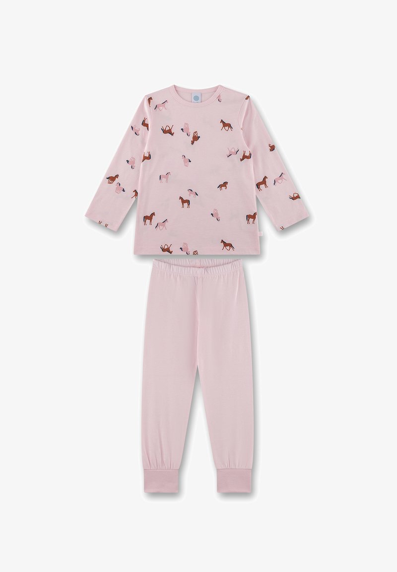 Light pink long-sleeve top with brown and pink horse prints paired with matching light pink elastic waist pants with cuffs.