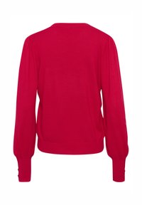 Red knit sweater featuring long puffed sleeves, round neckline, and button accents on cuffs, with a smooth texture and fitted waist.