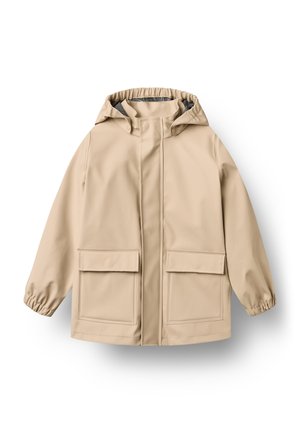 Beżowa kurtka przeciwdeszczowa z kapturem, przednimi kieszeniami z klapami, elastycznymi mankietami i ukrytym przednim zamkiem błyskawicznym.