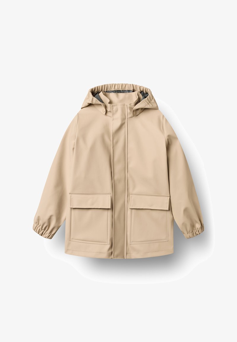 Veste de pluie à capuche beige avec poches à rabat à l'avant, poignets élastiqués et fermeture éclair frontale dissimulée.
