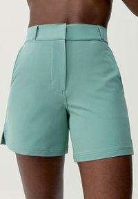 Lichtgroene, strakke shorts met een soepele textuur en een nette tailleband. Beschikt over een achterzak en subtiele stikseldetails.