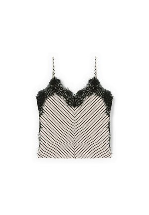 Hvid undertrøje med tynde sorte diagonale striber, sort blondekant langs udskæringen og siderne samt tynde skulderstropper med striber.