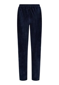 Mørkeblå velour joggers med elastisk talje og lige ben. Materialet har en blød, glat tekstur uden mønstre eller udsmykninger.