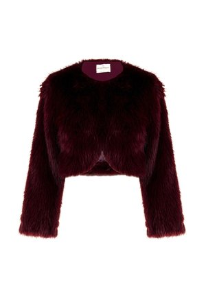 Bordeaux cropped bontjack met lange mouwen, pluche textuur, ronde halslijn en zonder sluiting aan de voorkant. Label zichtbaar aan de binnenkant.