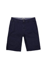 Dunkelblaue Shorts aus Baumwolle mit Knopf- und Reißverschluss. Verfügt über zwei Fronttaschen und ein schlichtes Design ohne Muster.