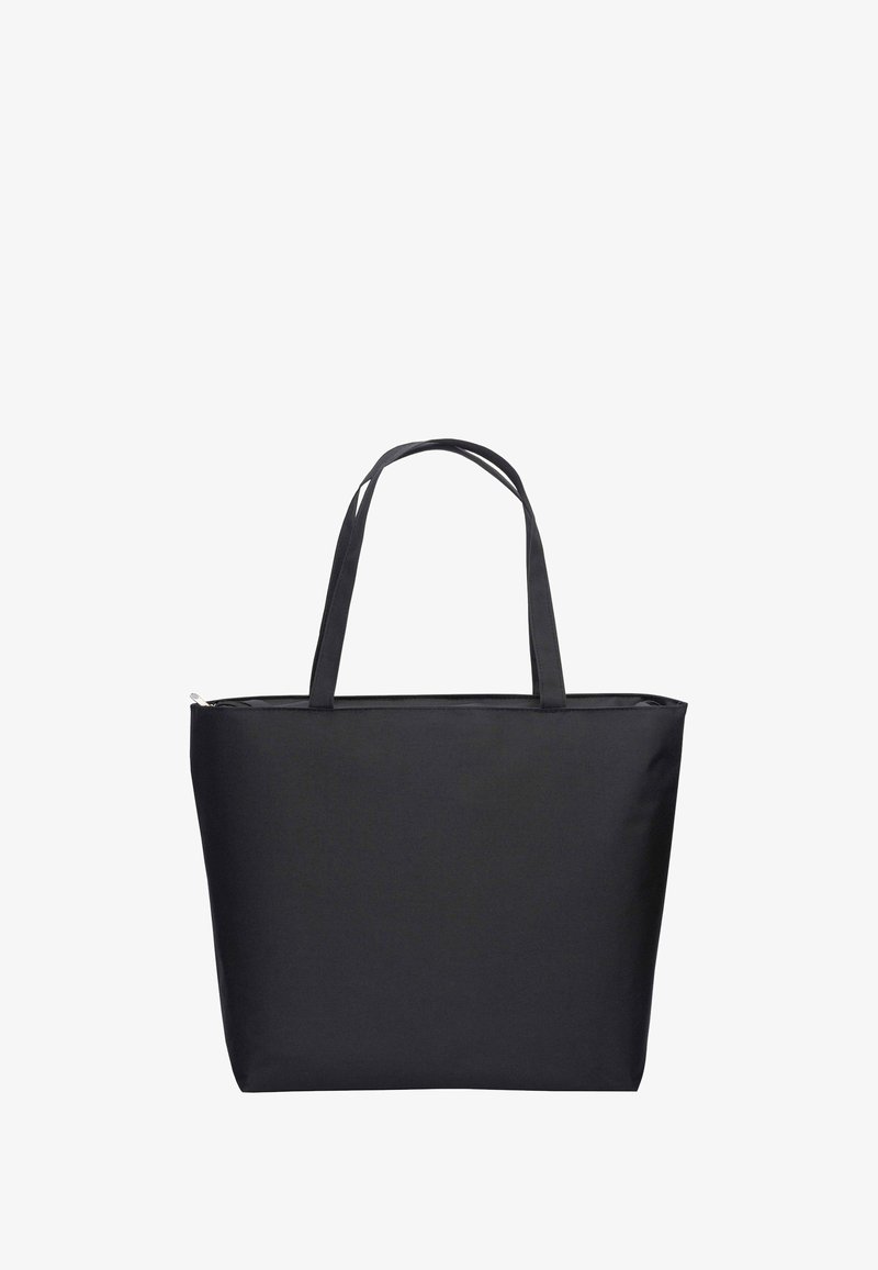 Black tote bag made of durable fabric, featuring two long handles, a rectangular shape, and a smooth, unadorned surface.