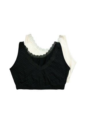 Deux crop tops sans manches avec bordure en dentelle, un noir à petits pois blancs et un blanc uni, montrés superposés sur fond blanc.