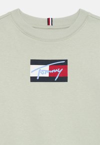 Lichtgroene sweatshirt met een groot rechthoekig logo met marineblauwe, witte en rode strepen en een blauwe "Tommy" handtekening ontwerp.