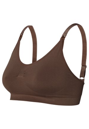 Bruine naadloze bralette met verstelbare bandjes. Glad, rekbaar materiaal heeft een geribbeld patroon en een brede onderband voor ondersteuning.